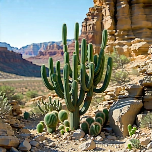 Nature Digital Illustration: Cactus In Rocky Terrain With Desert Landscape