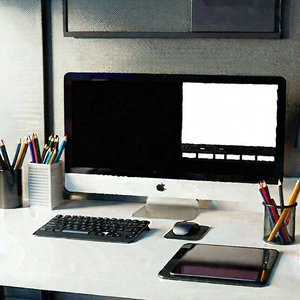 Business Macro Photography: Workplace with (digital:1.21) devices on desk