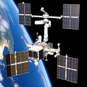 A Large Space Station With A White And Black Color Scheme, Floating In The Vastness Of Space