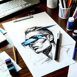 Business Ink Drawing: Workplace with modern office supplies on desk