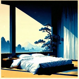 Lifestyle Linocut Print: Bedroom Sanctuary With Minimalist Decor With Painting Bedroom