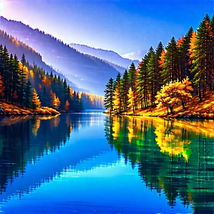 Nature Lithograph: Crystal Clear (lake:1.29) Surrounded By Autumn Trees With Serene Scene