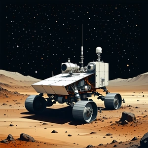 The Image Is A Futuristic Illustration Of A Rover On A Rocky Surface, Possibly On Mars