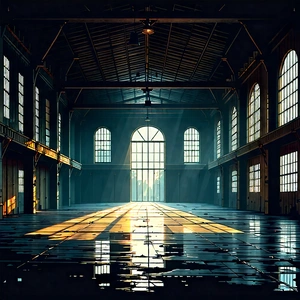 Urban Woodcut Print: Converted warehouse with dramatic lighting