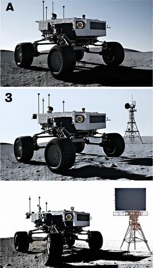 The Image Is A Collage Of Four Different Pictures Of A Rover On The Moon