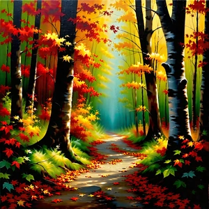 Nature Oil Painting: Path Through Autumn Woodland With Beautiful Forest
