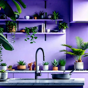 Lifestyle Diagram Style: Modern Kitchen With Plants And Natural Elements With Kitchen Sink