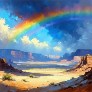 Nature Gouache Painting: Rainbow Over Desert With Beautiful Landscape