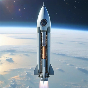 A Rocket Is Shown In A Space Environment, With Its Engine On