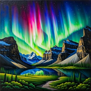 Nature Acrylic Painting: Northern Lights Over Canyon Floor With Beautiful Landscape