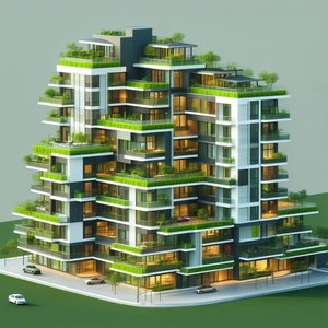 Urban Diagram Style: Modern Apartment Complex With Green Rooftop With Large Building