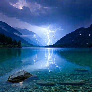 Nature Tilt-shift Photography: Lightning Over Alpine Lake With Lightning Bolt
