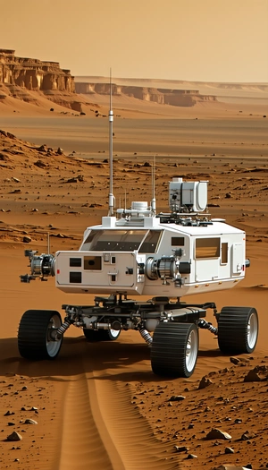 A White Vehicle With A Large Antenna On Top, Driving On A Dirt Road