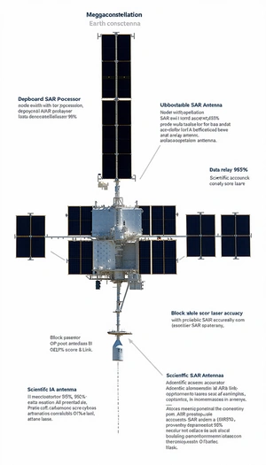 The Image Is A Diagram Of A Spacecraft, Specifically A Satellite, With Various Parts Labeled