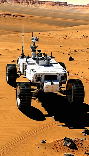 A White Robotic Vehicle With Four Wheels, Driving Across A Sandy Terrain