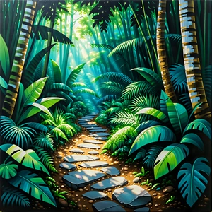 Nature Gouache Painting: Path Through Tropical Jungle With Lush, Green