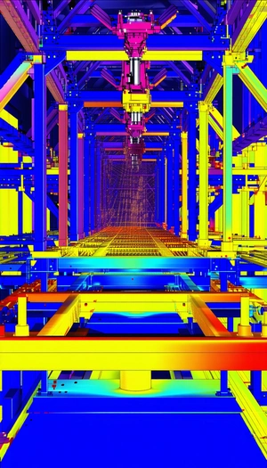 The Image Is A 3d Computer-generated Model Of A Factory, Featuring A Large Crane In The Center