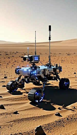 A Robotic Vehicle Is Sitting On A Sandy Surface, Possibly A Desert
