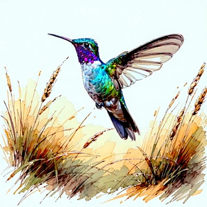 Nature Ink Drawing: Hummingbird In Prairie Grassland With Colorful Hummingbird