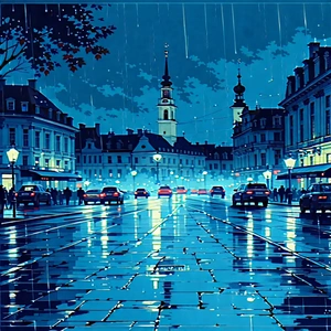 Urban Blueprint Style: Cityscape of historic city center during rainy evening
