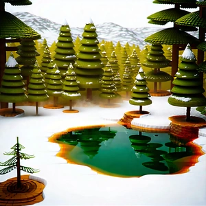 Nature Tilt-shift Photography: Hot Spring Surrounded By Snow-covered (trees:1.47) With Image, There