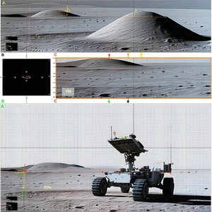 A Robotic Vehicle, Possibly A Rover, Driving Across A Rocky Terrain