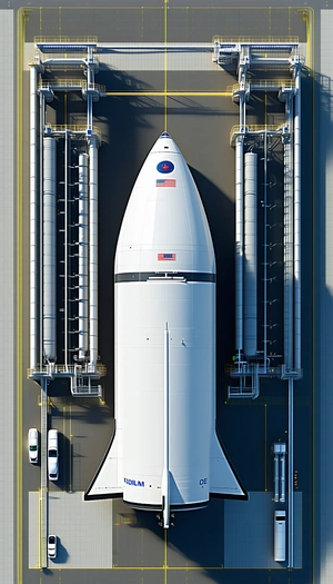 A White Space Shuttle Is Parked In A Large Hangar, Surrounded By Several Large Pipes