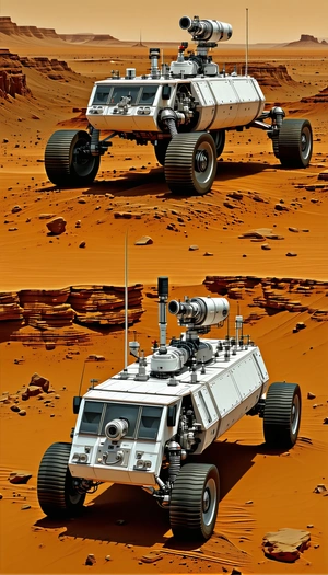 A White Vehicle With A Large Gun Mounted On The Front, Driving On A Dirt Road