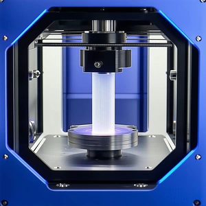A Blue Machine Is Shown In The Image, With A Clear Plastic Object Inside Of It