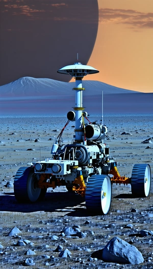 A Futuristic Vehicle, Possibly A Rover Or A Spacecraft, Parked On A Rocky Surface