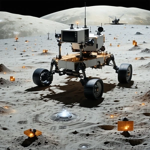 A White Robotic Vehicle On A Rocky Surface, Possibly A Moon Or A Planet