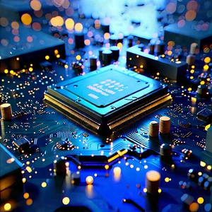Circuit Board With (digital:1.23) Particles With Computer Chip