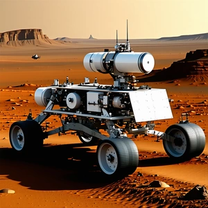 A Large, White, And Silver Robotic Vehicle On A Dirt Surface