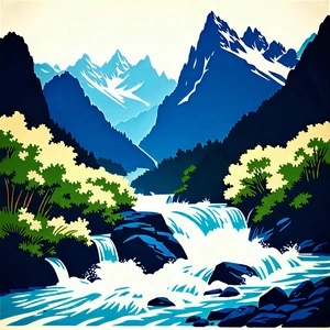 Nature Linocut Print: Rushing (river:1.31) Surrounded By Mountain Peaks With Beautiful Waterfall