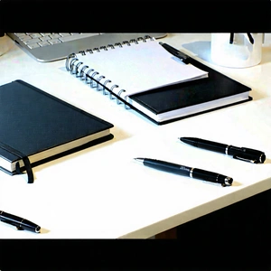 Business Unreal Engine: Workplace With Notebooks And Pens On Desk With Desk Filled
