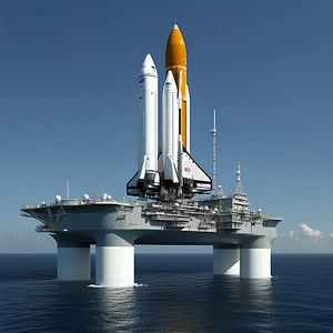 A Large White Space Shuttle Docked On A Floating Platform In The Ocean