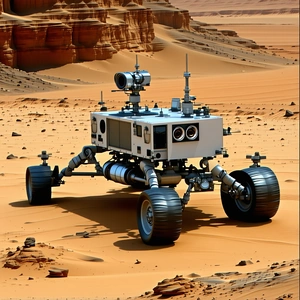 A White Robotic Vehicle, Possibly A Rover, Driving Across A Sandy Terrain