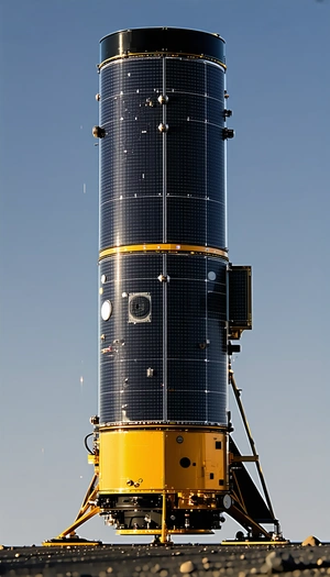 A Large, Yellow And Black Satellite Dish, Which Is Mounted On A Yellow Pole