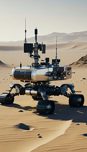 A Large Robotic Vehicle With Four Wheels, Standing In A Desert-like Environment