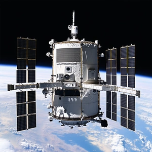 A Space Shuttle With A Large Satellite Dish On Its Side