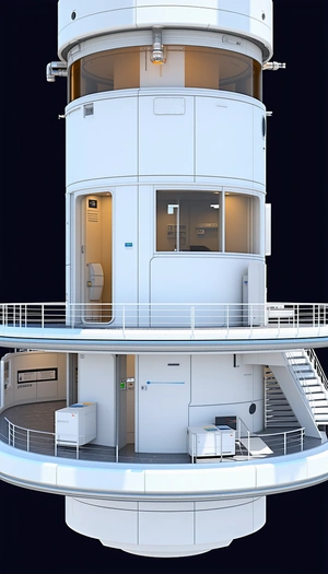 The Image Is A 3d Rendering Of A Large White Building With A Spiral Staircase