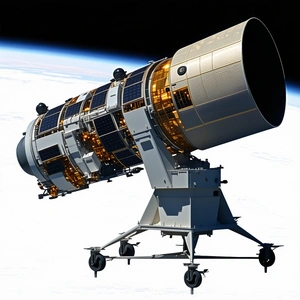 A Large Satellite Is Seen In The Sky, With A Large Dish On The Bottom