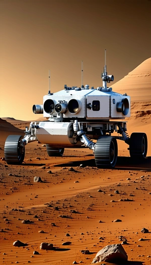 A White Robotic Vehicle, Possibly A Rover, Driving Across A Red Dirt Surface