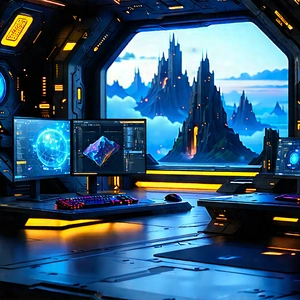 Futuristic Digital Workspace With Image, There