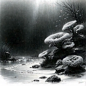 Nature Charcoal Drawing: Coral Reef In Rainy Season With Black White