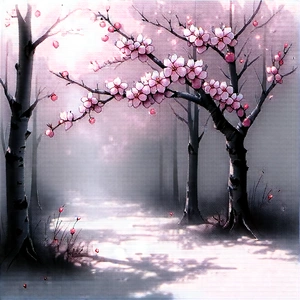 Nature Charcoal Drawing: Cherry blossoms in sunlit clearing