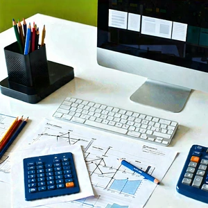 Business Diagram Style: Workplace with productivity tools on desk