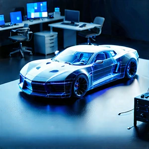 Automotive Technology In Tech Office With Futuristic Car,