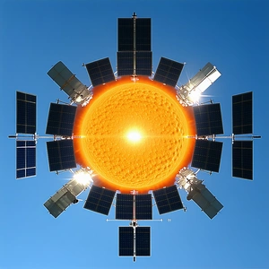 A Large, Bright Sun In The Center Of The Frame, Surrounded By A Collection Of Solar Panels