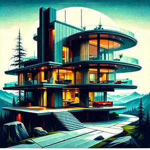 Tech Woodcut Print: (futuristic:1.11) Smart Home With Large, Modern